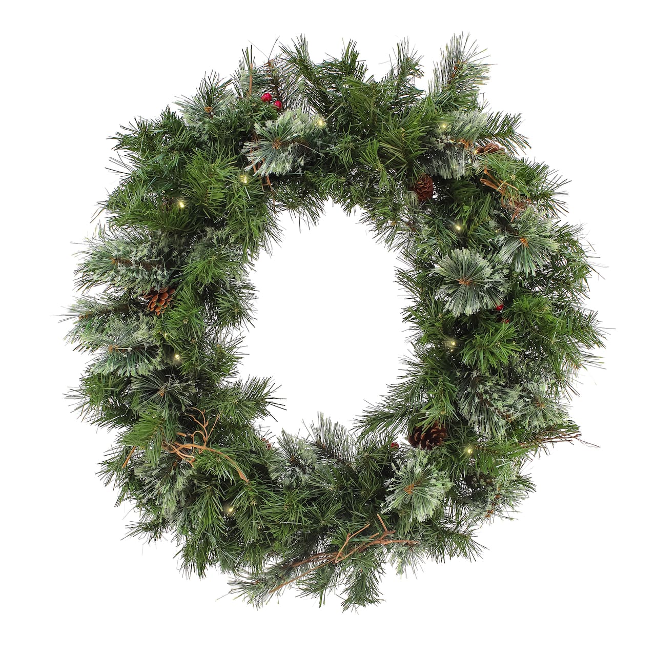 30" Pre-Lit Glistening Pine Wreath with Pinecones & Berries, Warm White LED Lights